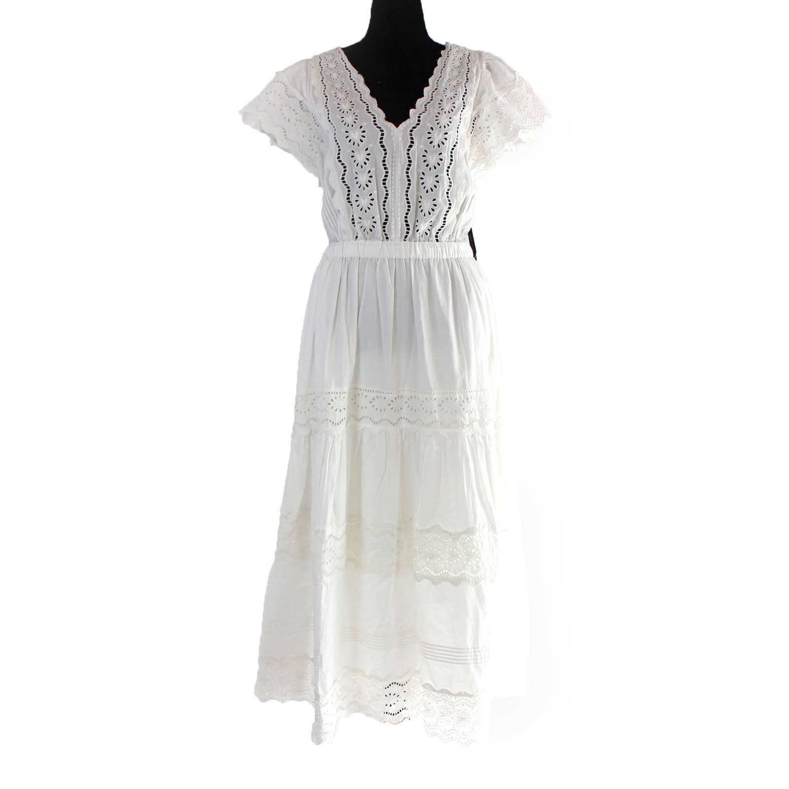 Sea Georgina White Eyelet Flutter Sleeve Cotton Dress 12 NEW V-Neckline Midi L
