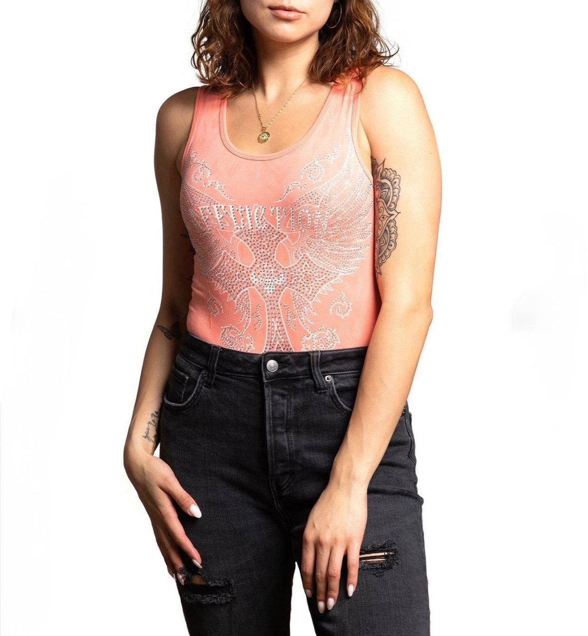 Affliction MARGO WINGS BODYSUIT Orange Pink Women’s Bodysuit Size Medium
