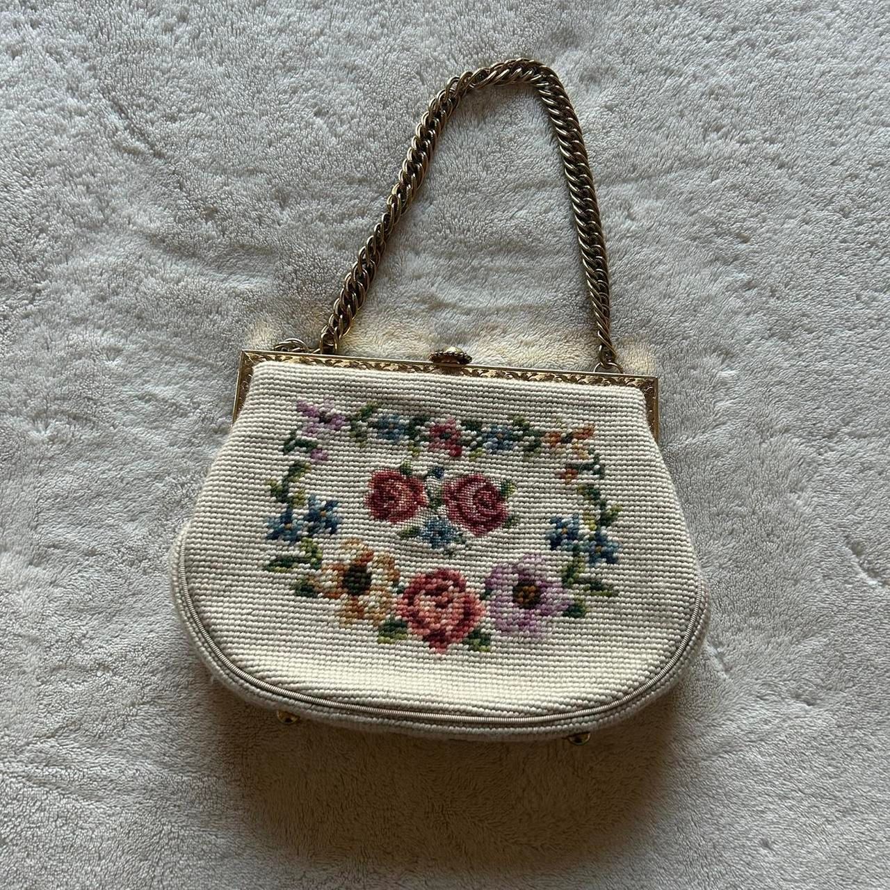Gorgeous Vintage Cross-Stitch Embroidered Bag with Gold Chain