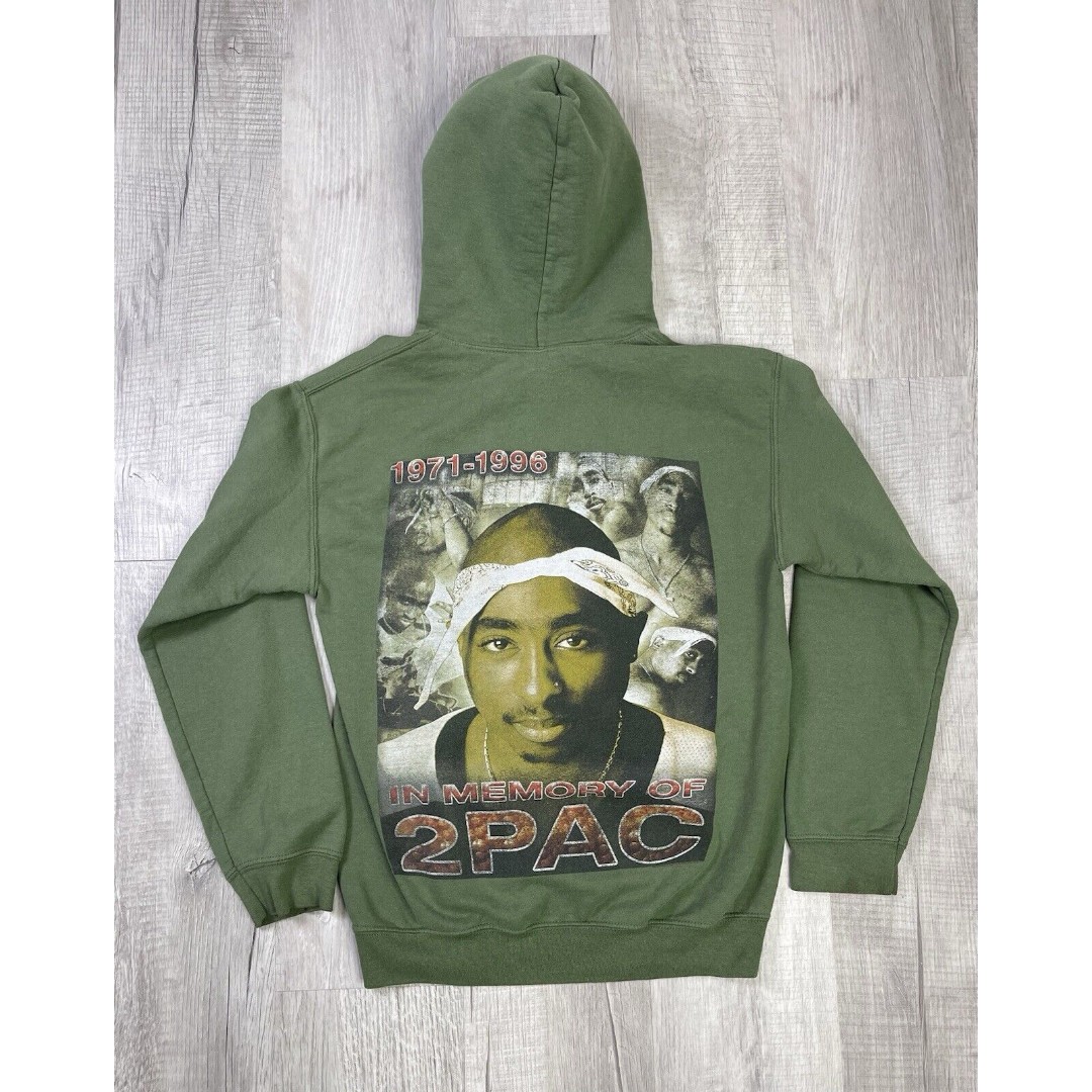 VTG 2Pac Tupac In Memory Of 1971-1996 Green Hoodie Size Small Rap Y2K V