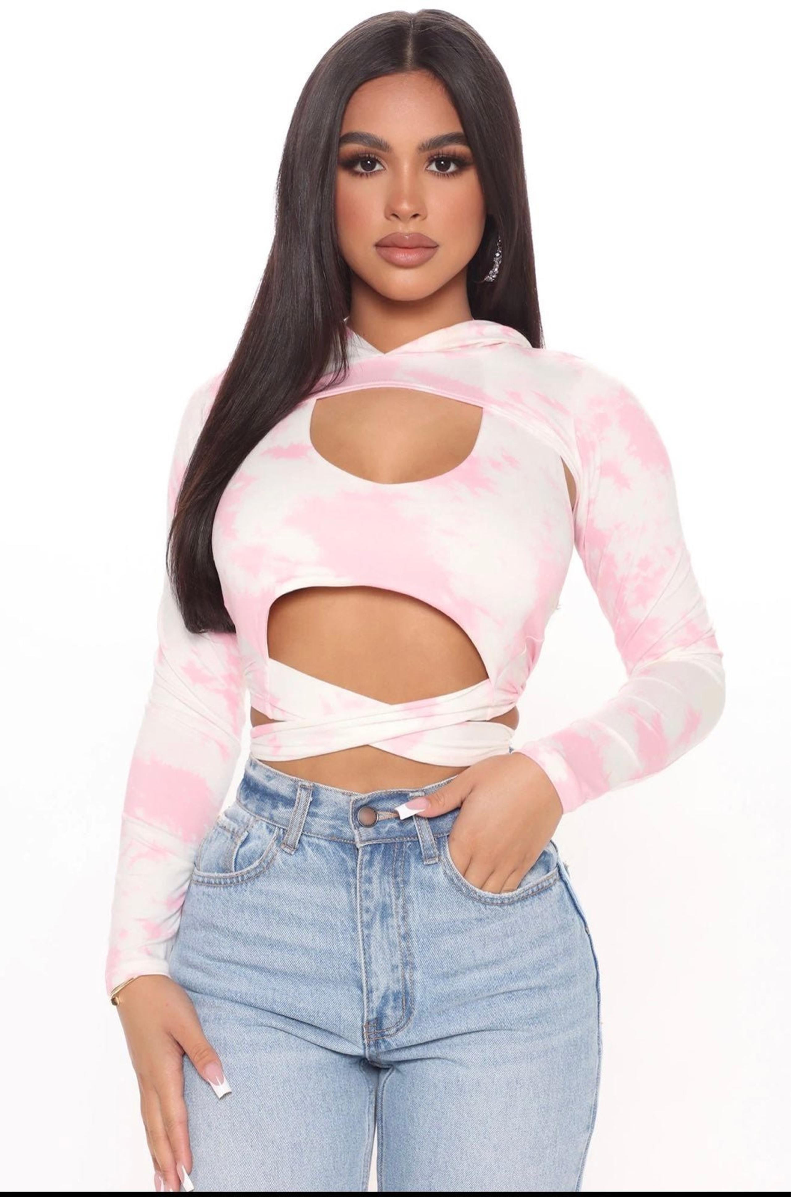 NWT Fashion Nova 2pc Halter Top & Hoodie Bolero Pink Tie Dye sz XL