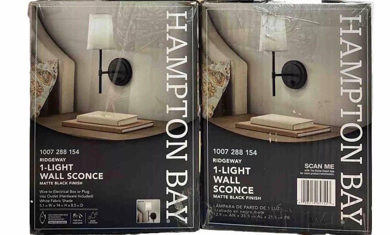 2 PK Hampton Bay Ridgeway 1-Light Matte Black Indoor Wall Sconce White Shade