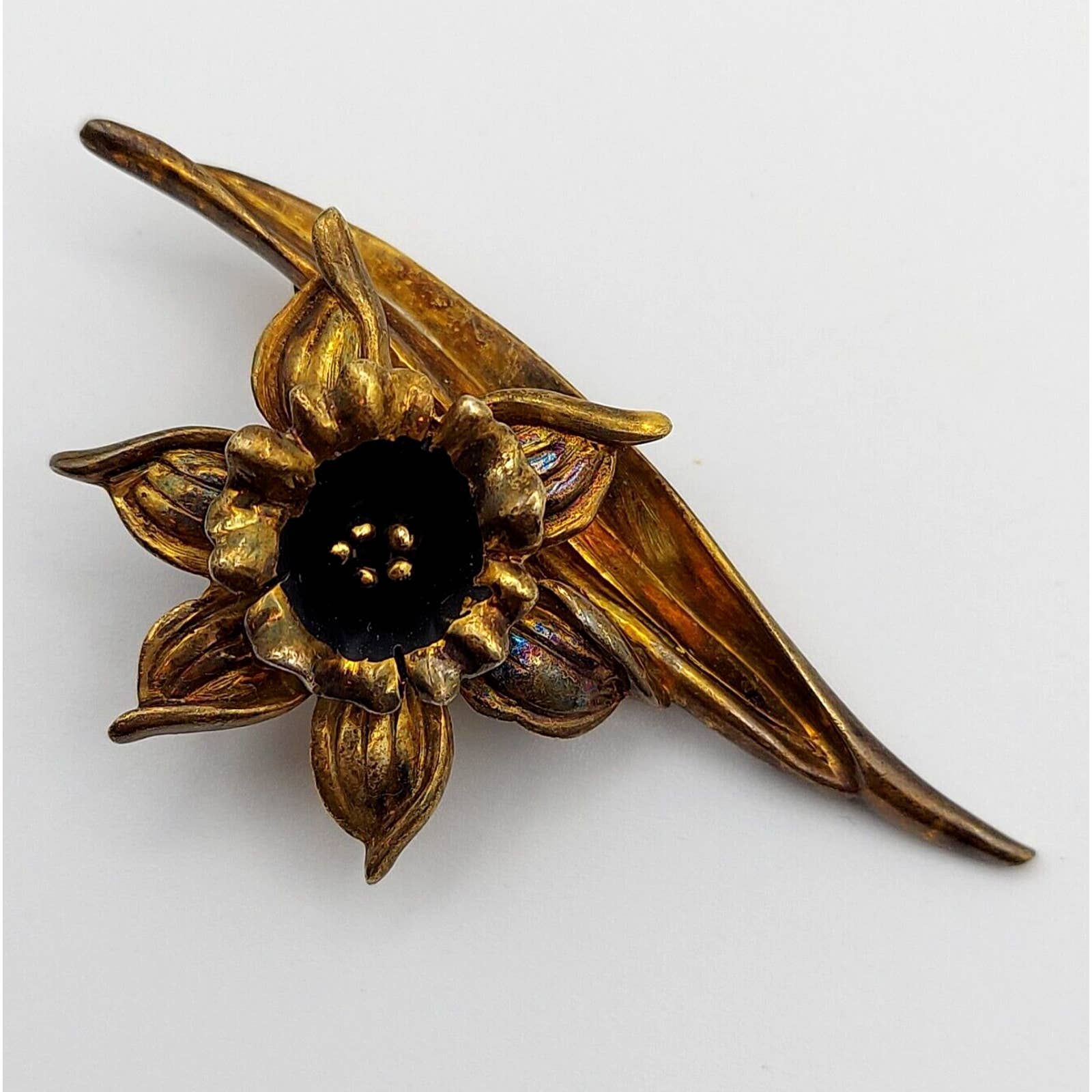 Vintage Estate Signed Crown Trifari Daffodil Gold Tone Flower Brooch Pin Layered
