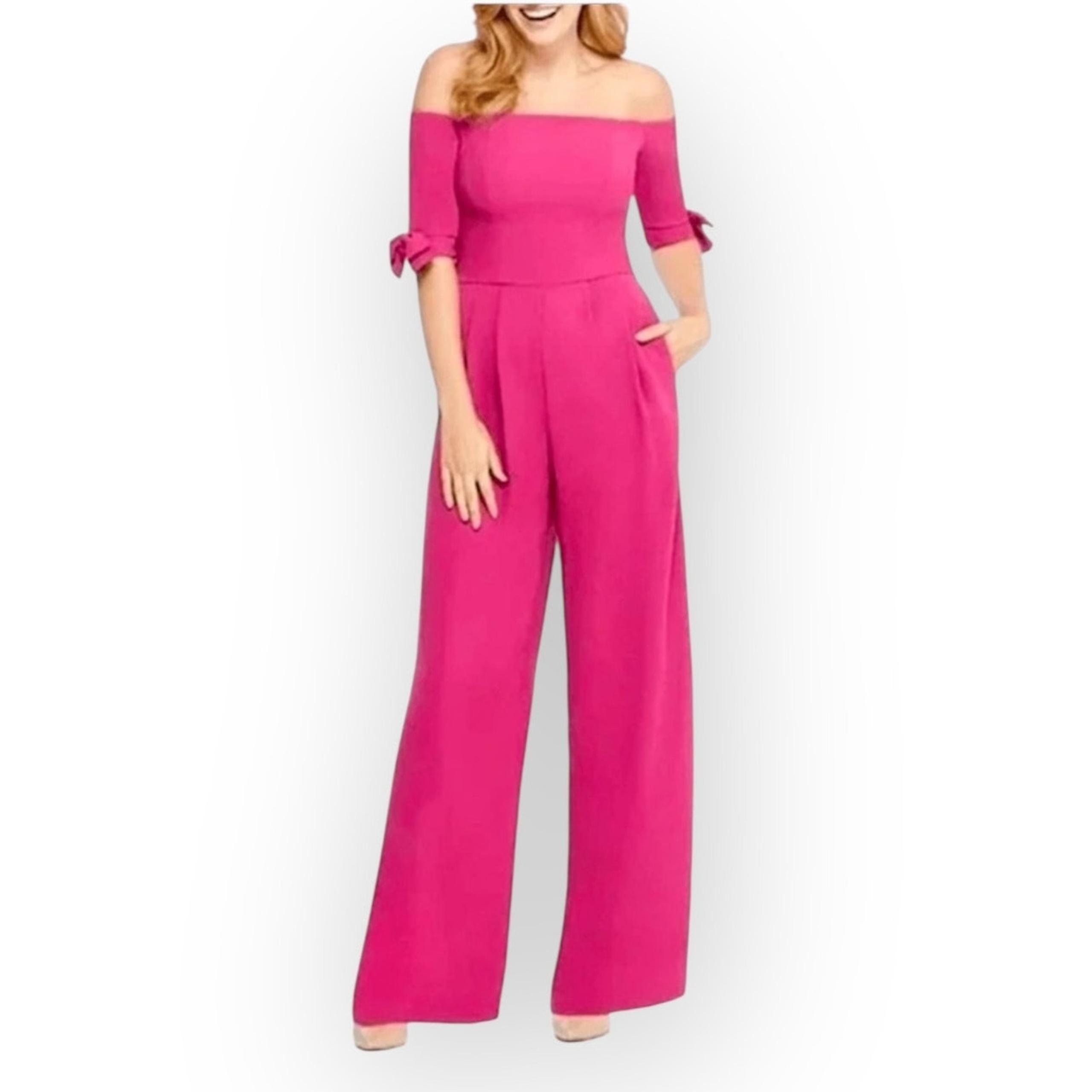 Gal Meets Glam Meredith Jumpsuit Women's Size 0P Pink Bow Off Shoulder Wide Leg
