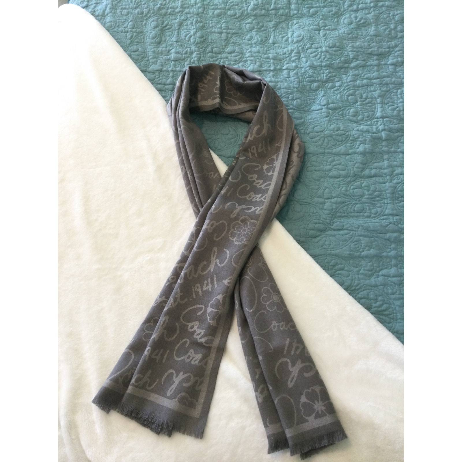 Coach Womens Grey Reversible Scarf with frayed edges 26 x 66