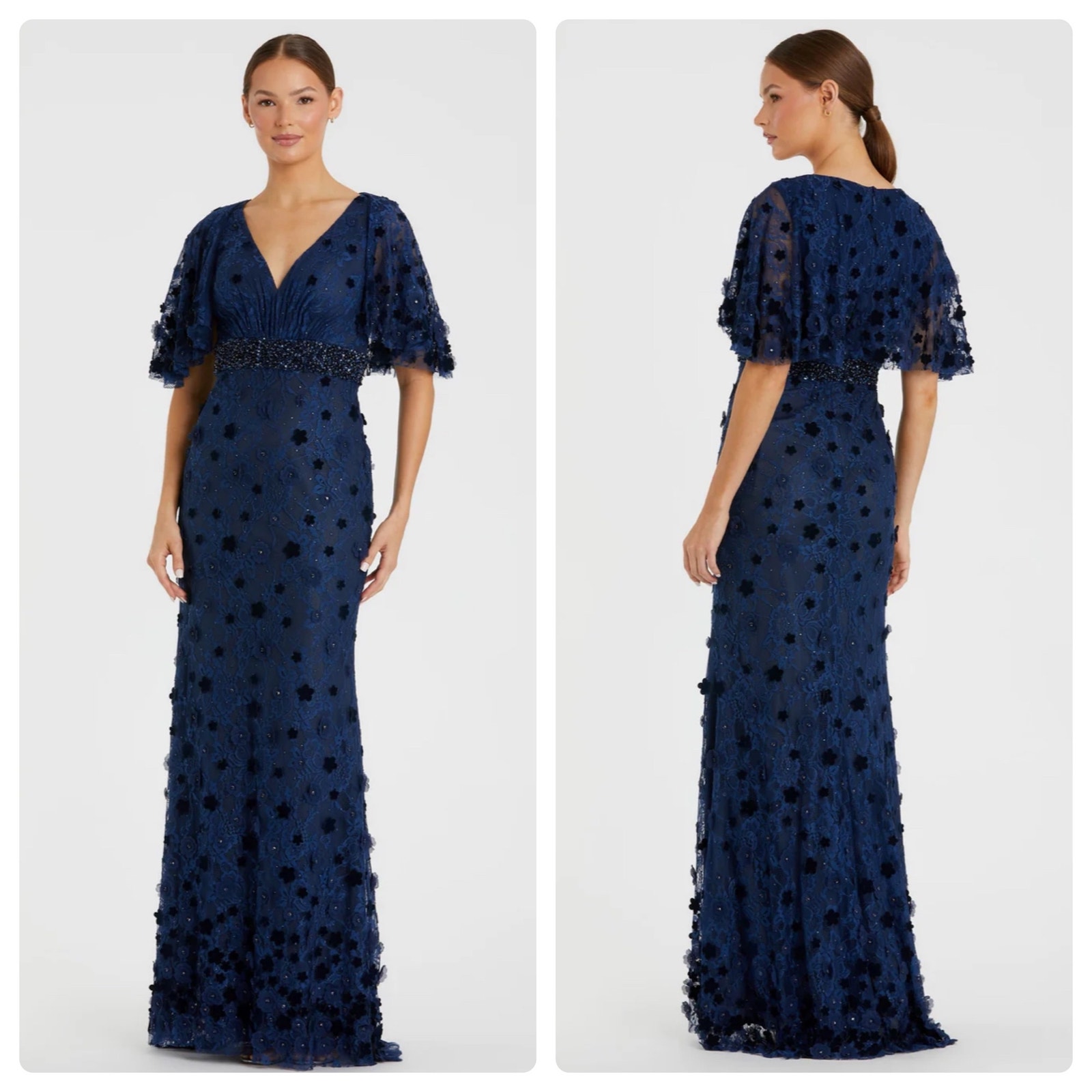 Mac Duggal 67712 Midnight Floral Appliqué Flutter Sleeve Lace Gown Size 8 NWT