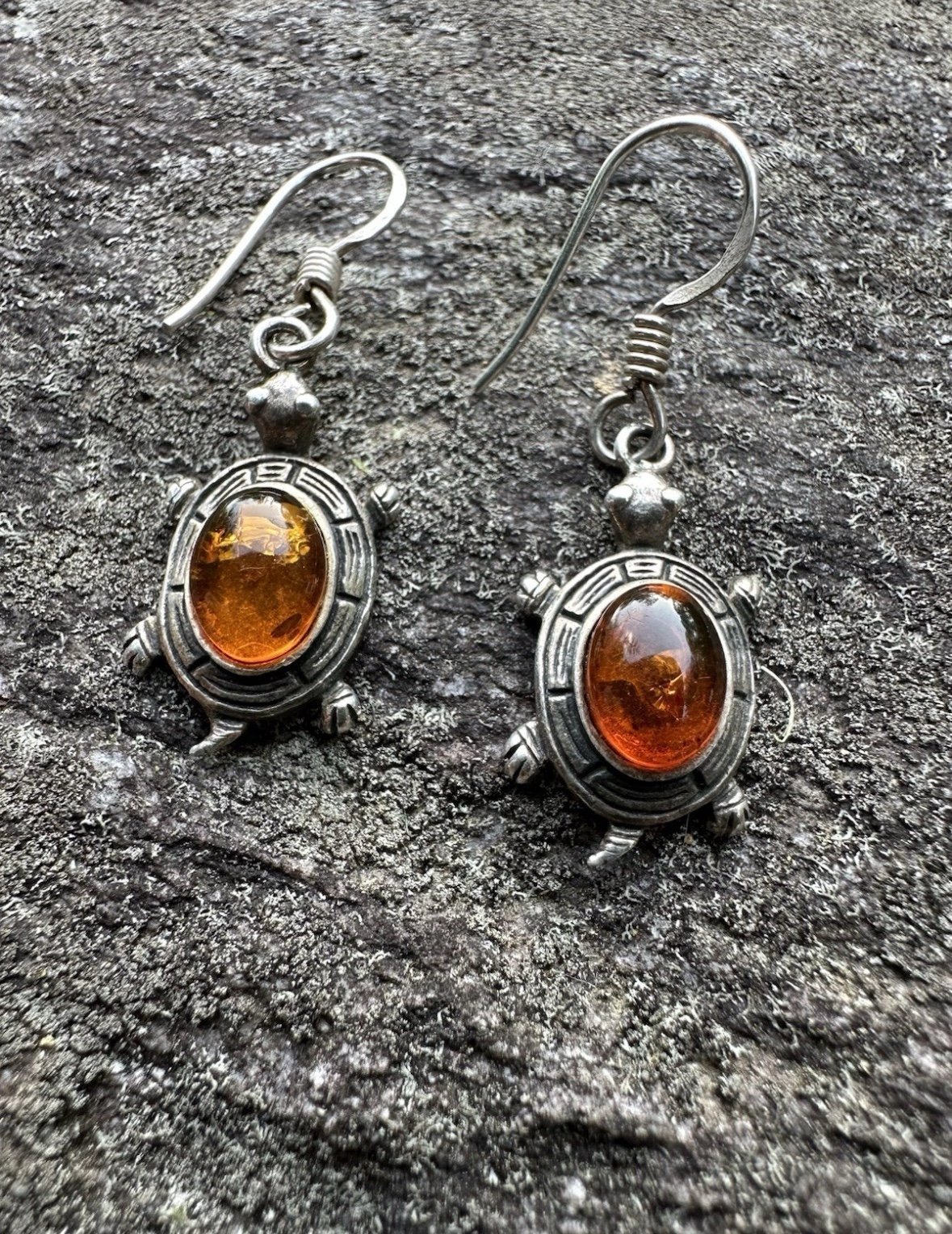 Cognac Baltic Amber Tortoise Turtle Earrings Sterling Silver 925