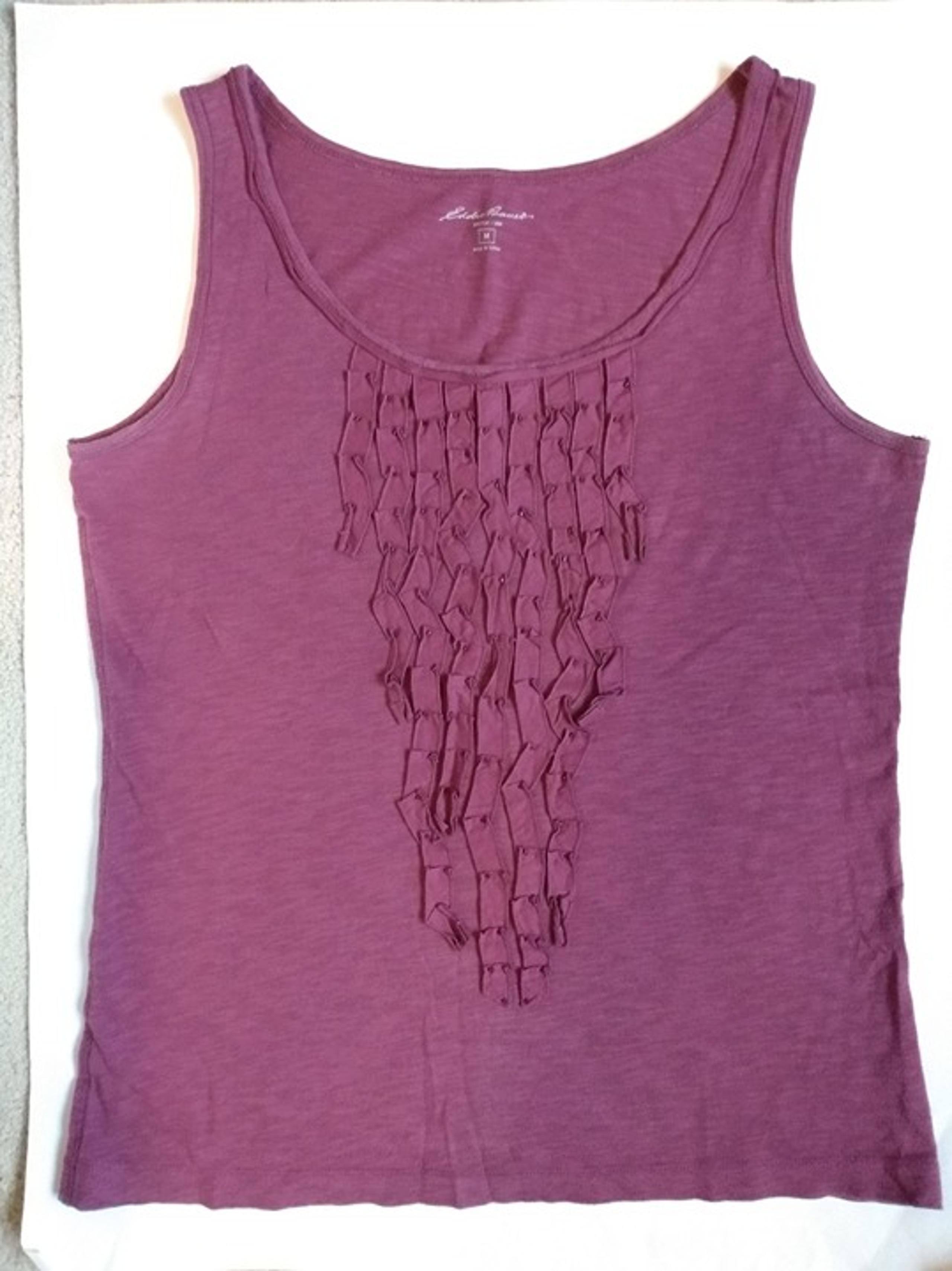 Eddie Bauer Burgundy Tank Top Shirt Medium Women's Slub Beaded Cascade Ruffle