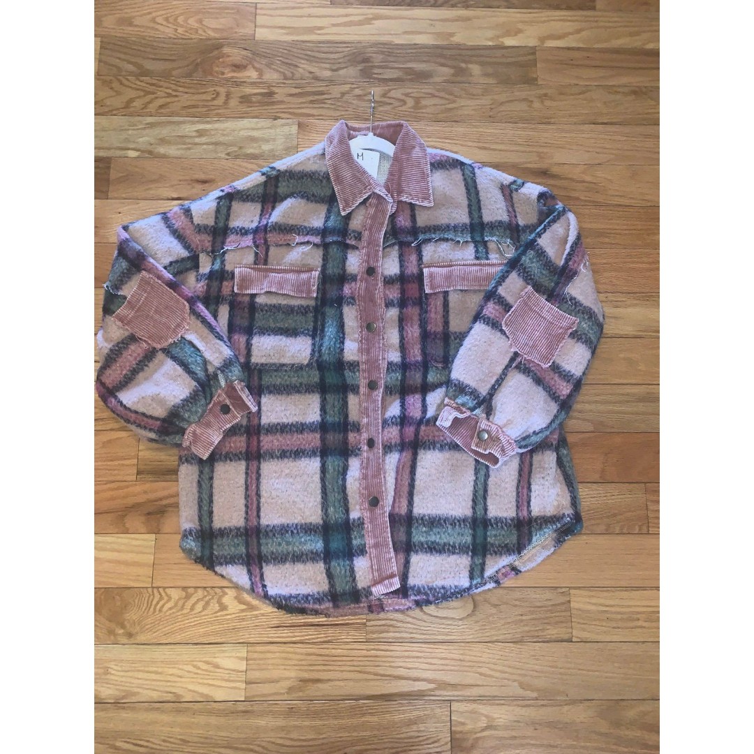 POL Brand Pink Fuzzy Plaid Corduroy Patchwork Shacket - Jacket-Size M