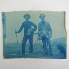 Cyanotype Photograph On Cloth Two Men Hunting Game Birds Antique 1800s RARE