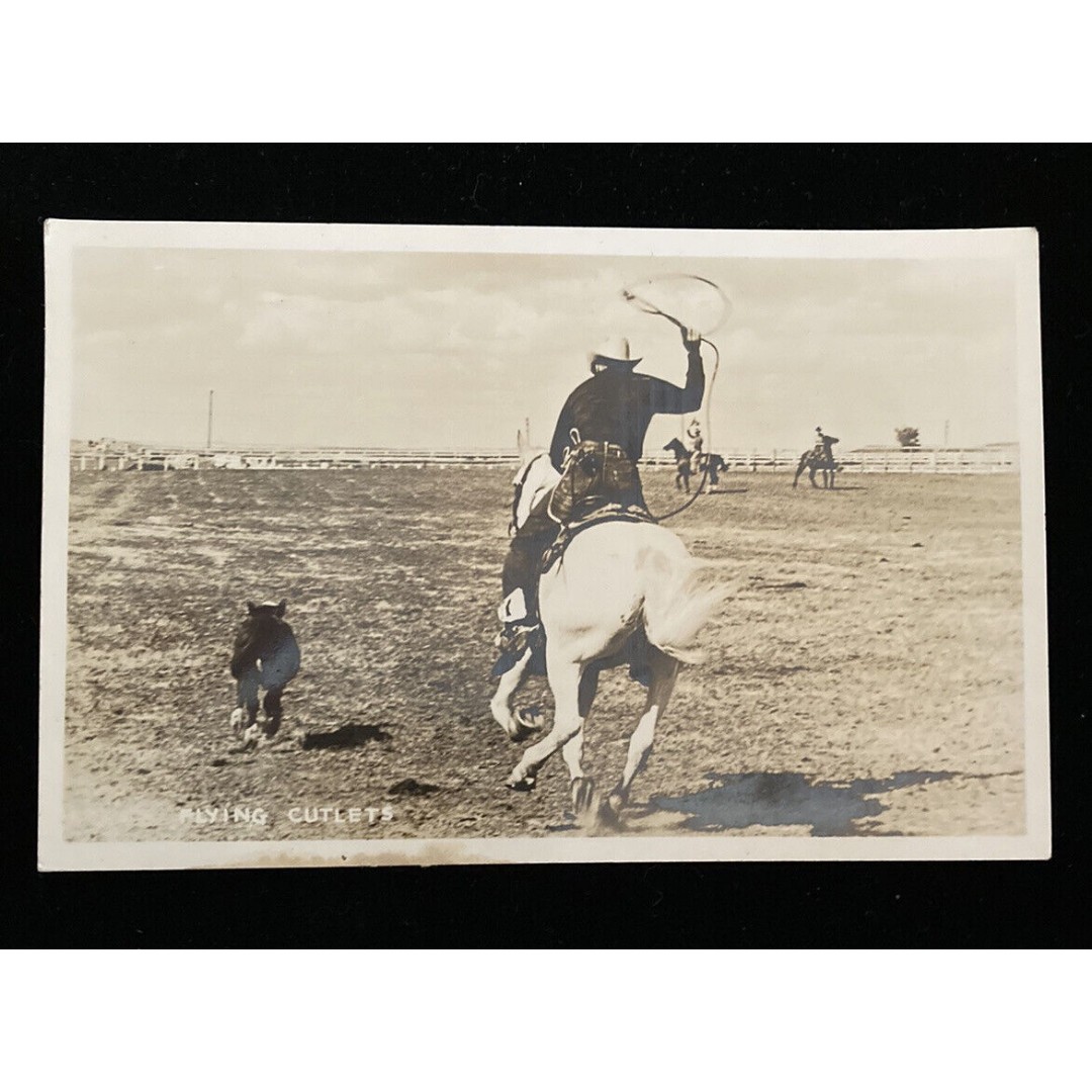 Flying Cutlets Cowboy On Horseback Roping Calf RPPC Postcard Big Horn Wyoming