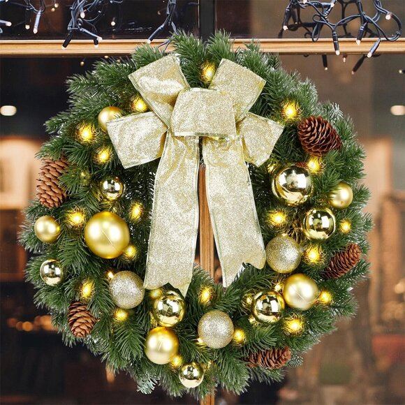 New Pre-lit Xmas Wreath with Golden Bow & Balls 40 LED Lights, 8 Modes & Timer