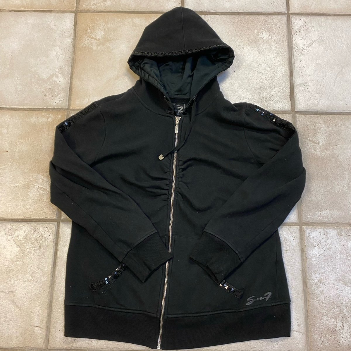 Black Zip-Up Hoodie with Sequin Details