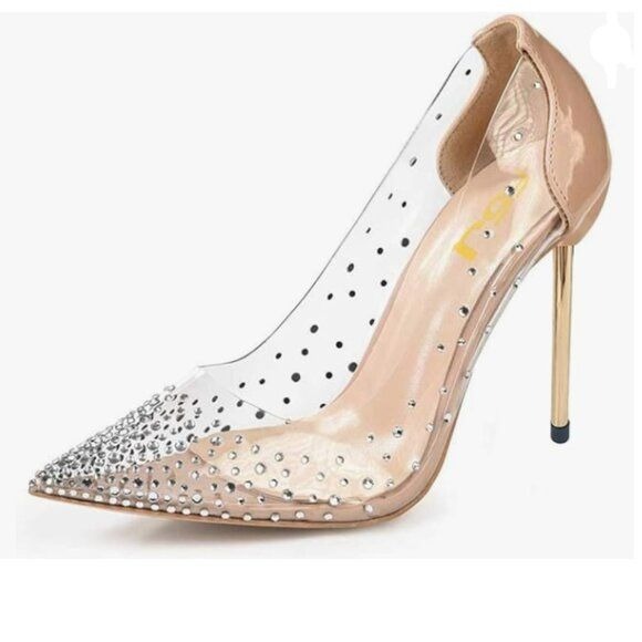 FSJ Nude Women Studded Pointed Toe Transparent Pumps High Heels Shoes