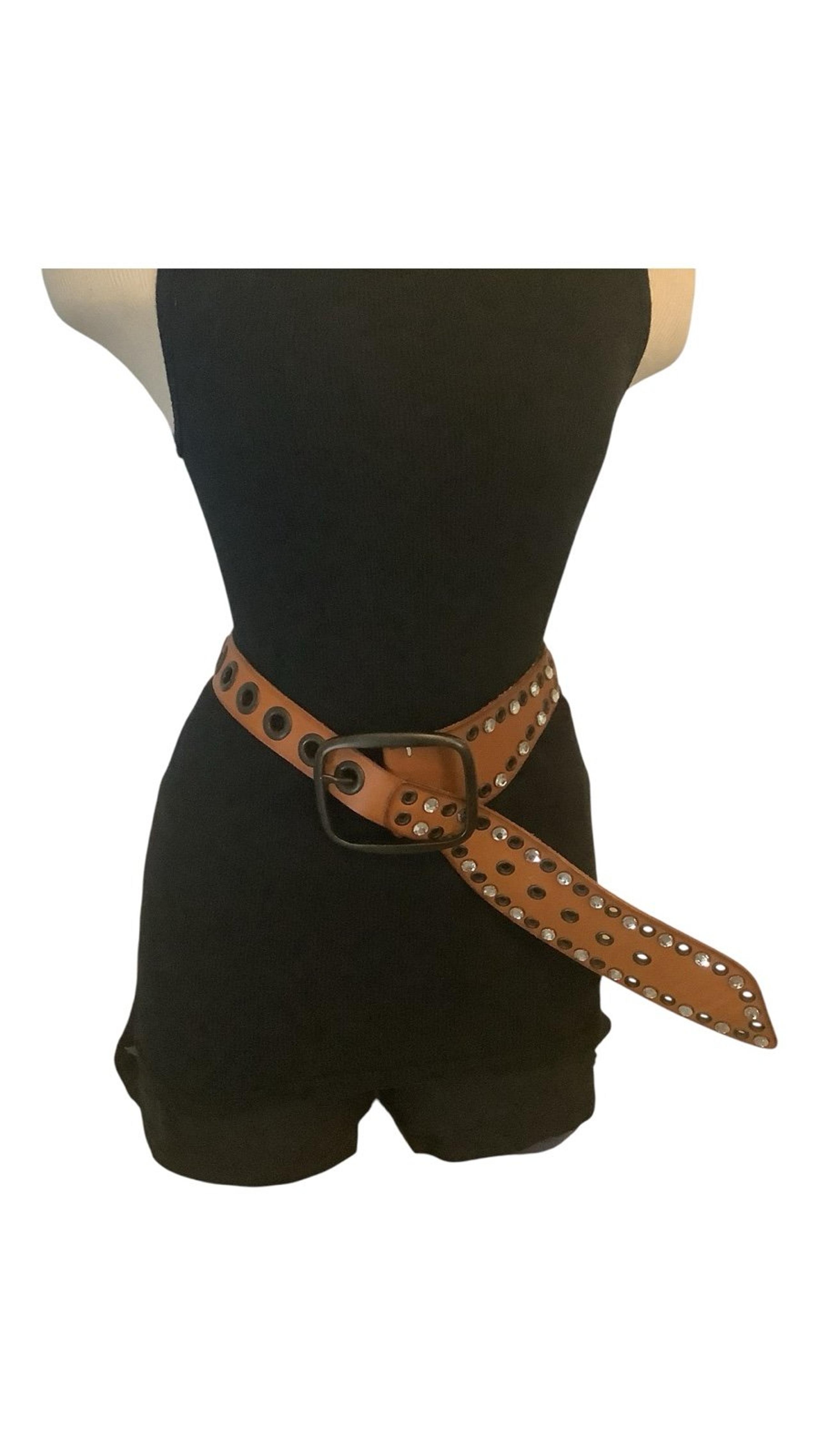 Vintage Women’s Brown Leather Belt Rhinestones Embellished Size M 39” Gap Jeans