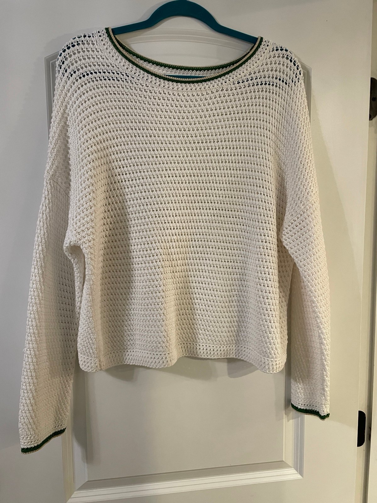 VINCE White Crochet Crewneck Sweater with Green Tipping