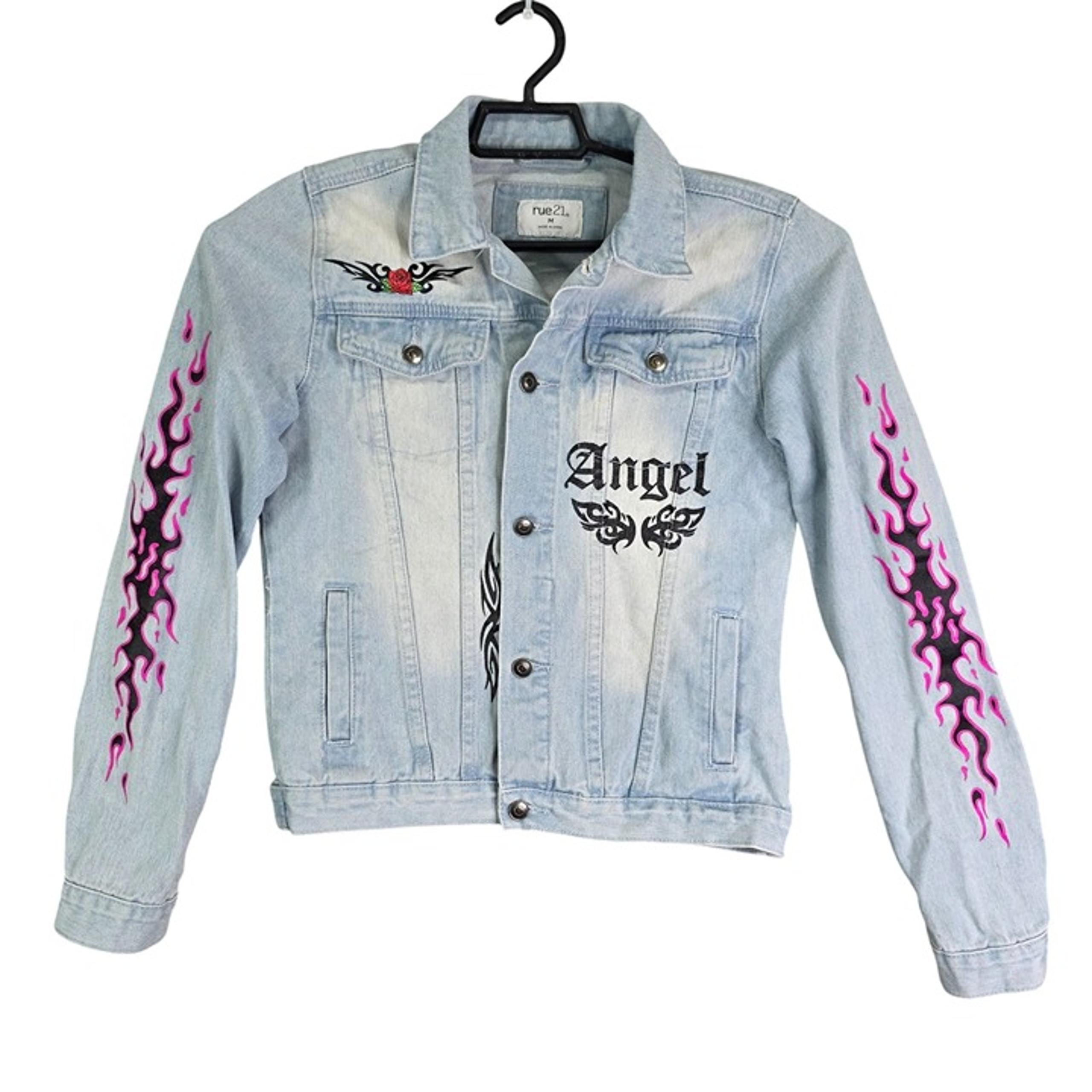 Womens Rue21 Light Wash Blue Denim Jacket W/ Pink Flames & Angel Graphic Size M