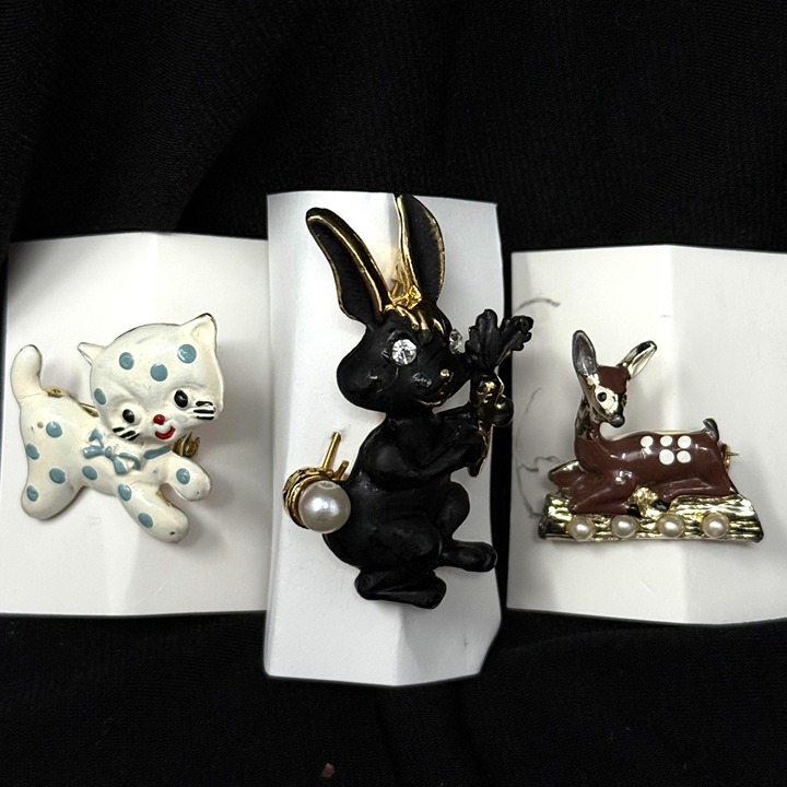 Animal Lover Vintage Pins Brooches Set of 3 - White Cat / Black Rabbit / Deer