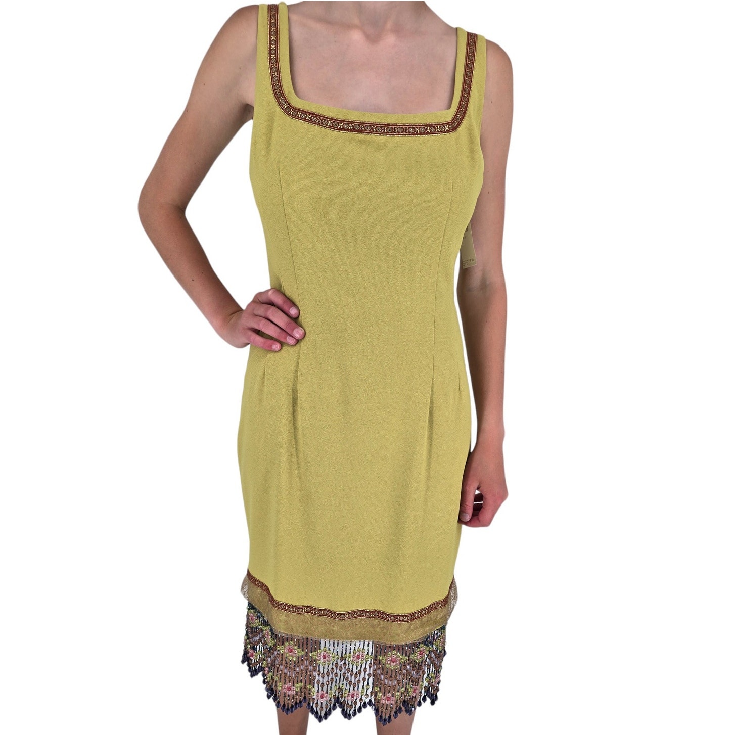 Vintage 1990s Allen Schwartz Evening Womens 2 Formal Dress Green Beaded Fringe