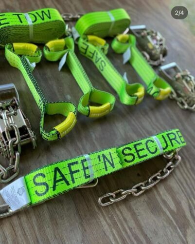 8 pt Kit 14' Hi-VIZ TECNIC Webbing Rollback / Flatbed Car TieDown w/ Chain Tails
