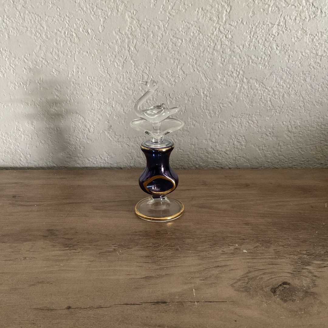 Vintage Glass Perfume Bottle with Glass Figural Swan Stopper Iridescent Purple