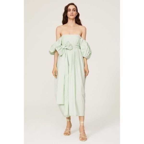 Cecilie Bahnsen Joel Mint Green Puff Sleeve Bow Waist Midi Dress Size 6