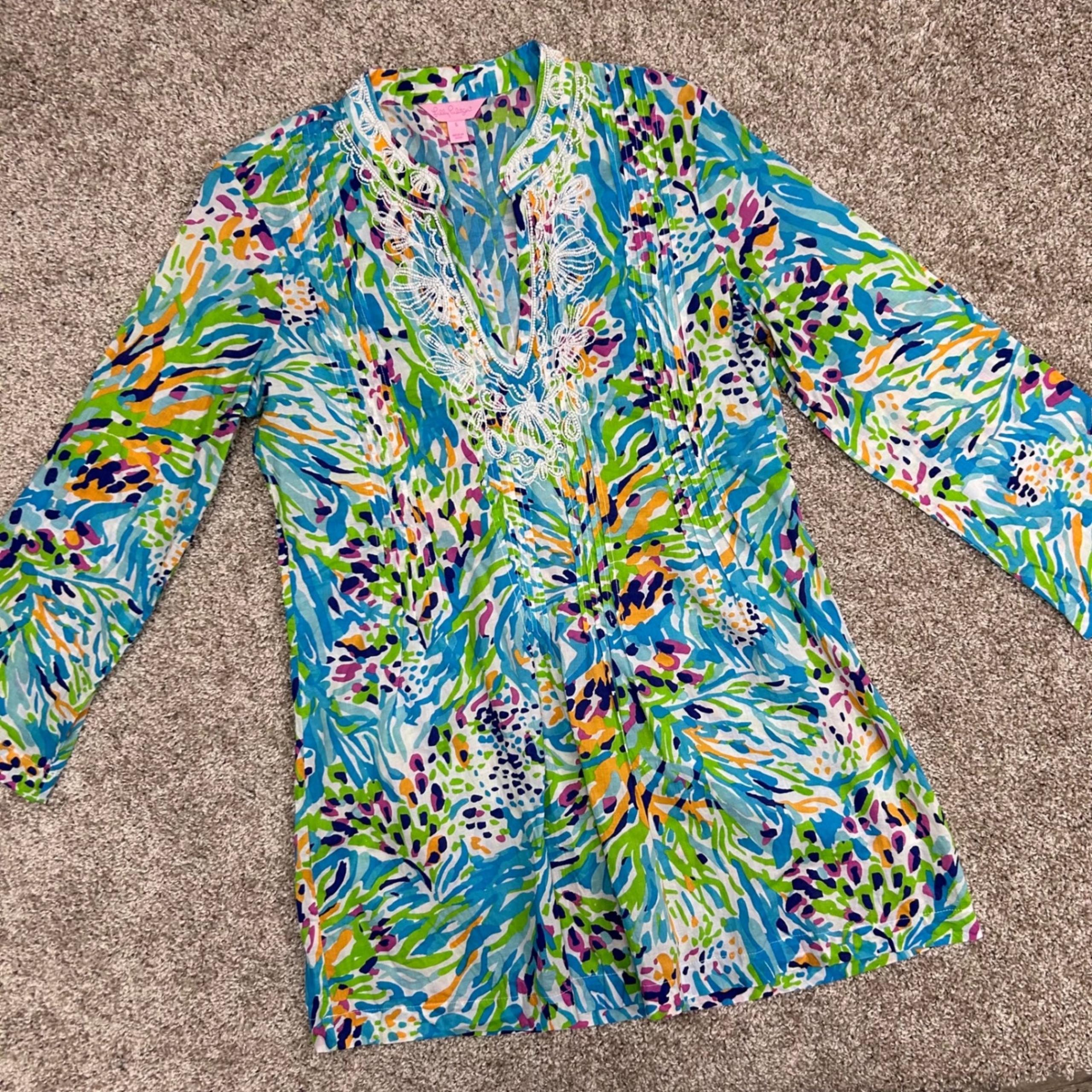 Lilly Pulitzer Sarasota Tunic Sea Soiree Women Size Small Beaded Cotton Floral