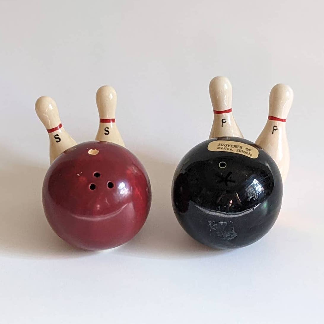 Vintage Bowling Ball & Pins Salt and Pepper Shaker Set RARE by Enesco Japan