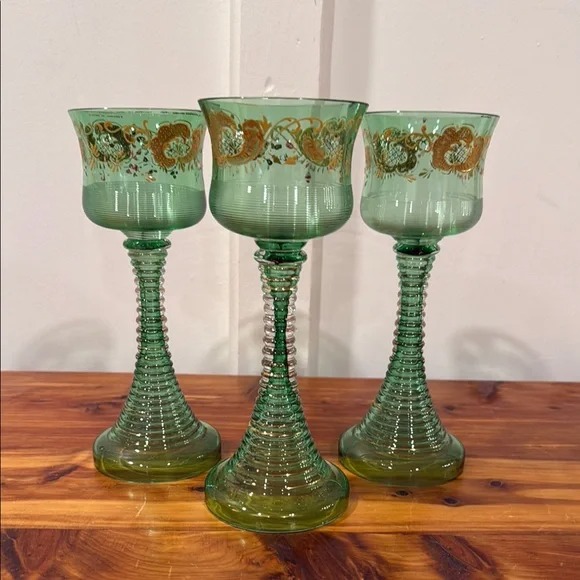 Vintage Bohemian Green Art Glass Gold Detailing Goblets Set of 3