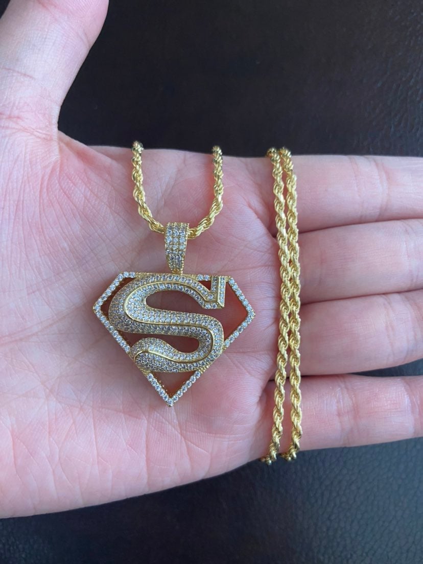 Gold real 925 diamond super man necklace