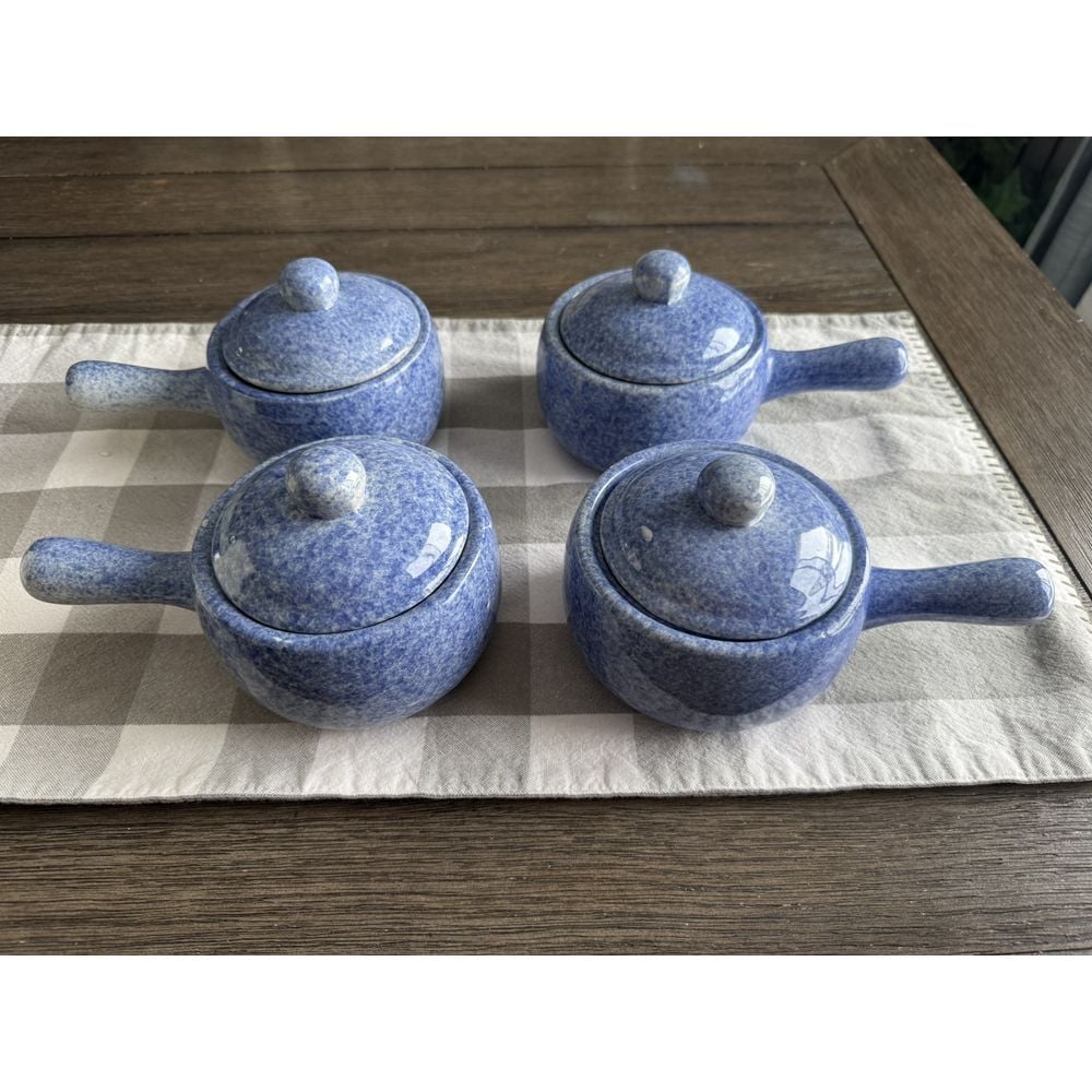 Blue Spotted Spongeware Pottery Soup Pots Crocks w/ Handle Lid Set 4