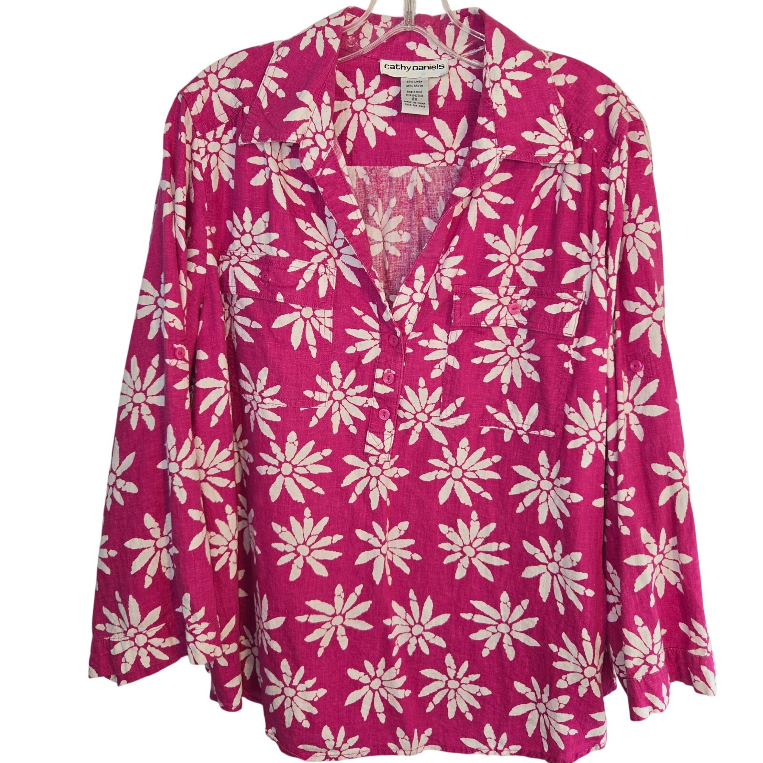 Cathy Daniels 2X Women's Top Pink roll Sleeves Shirt Blouse Plus 18W 20W XXL 2XL