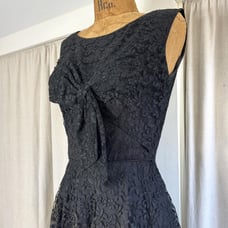 50s Black Lace Gathered Bodice + Full Skirt Cocktail Party Dress XS