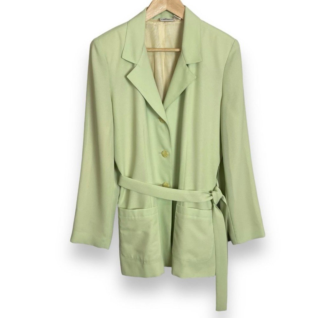 Pale Lime Green Jacket Blazer Women Boxy Belt Mod Retro Medium Layering Piece