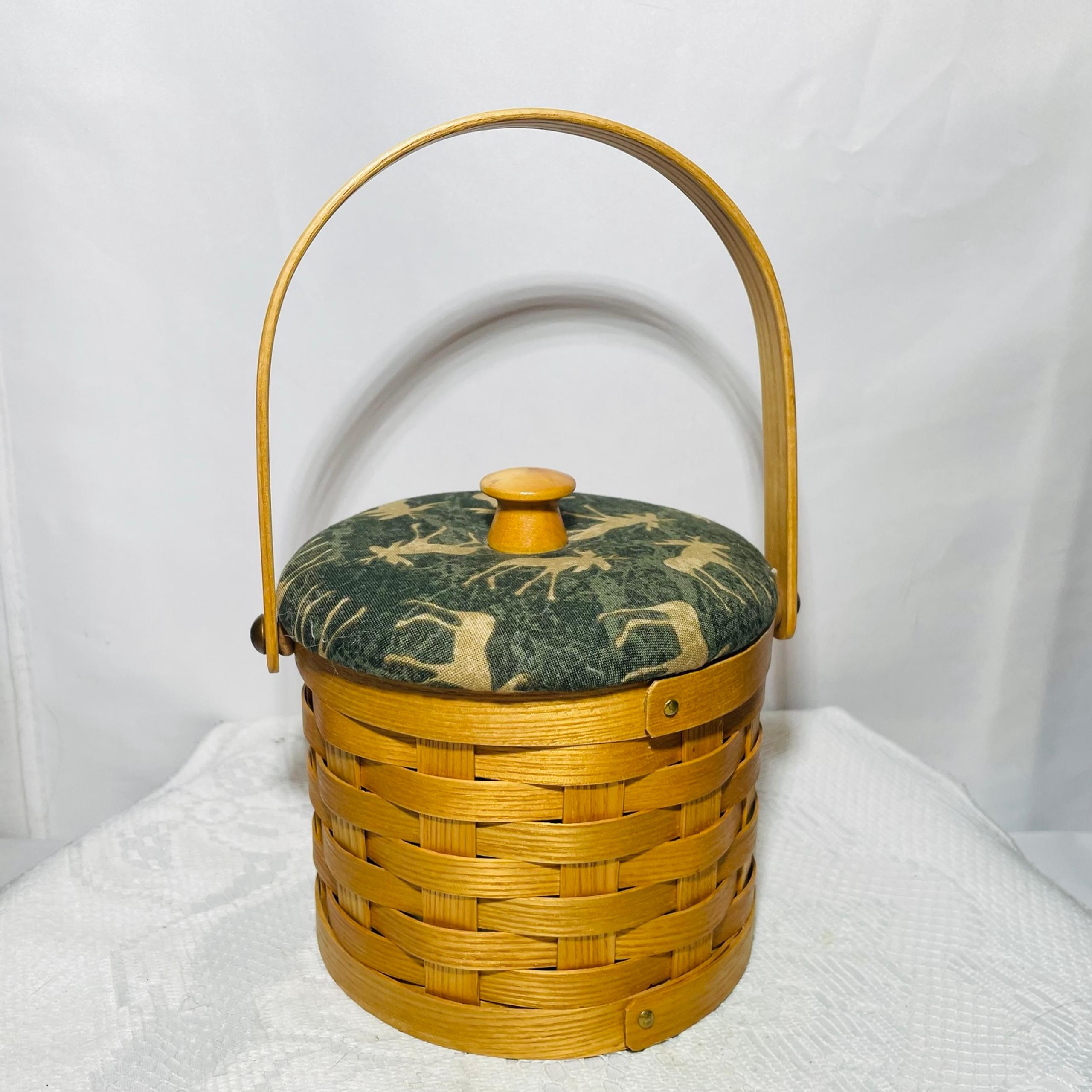 Vtg Handwoven Wooden Basket with Fabric Covered Moose Lid Crafted in Maine Cabin