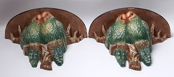 Home Decor, Vintage MCM Chalkware Hanging Shelves (1950s) - Colorful Love Birds