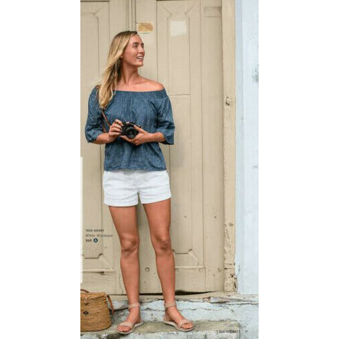 New Womens NWT S Blue PrAna Top Cotton SS Off Shoulder Organic Casual Chryssa