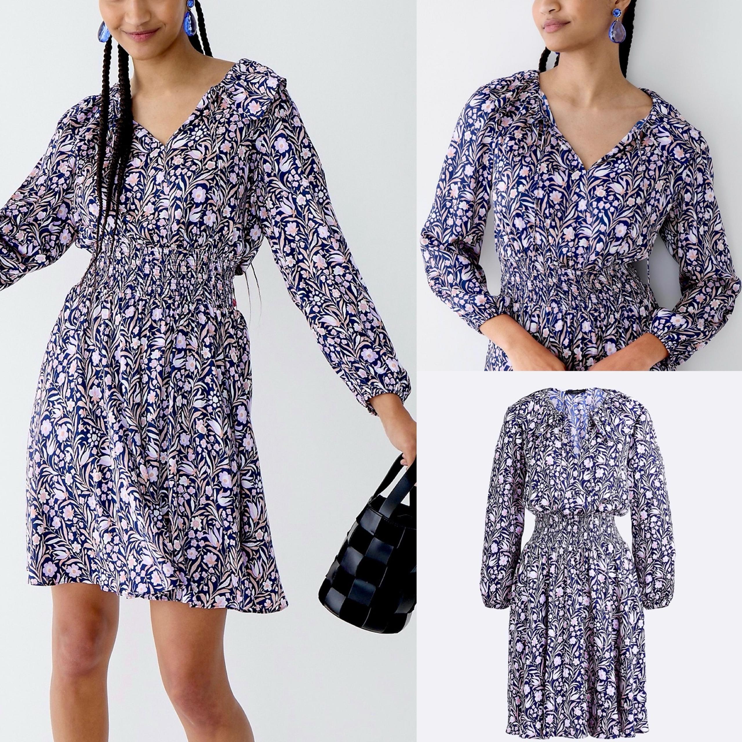 J. Crew Satin Dress Long Ballon Sleeve Smocked Waist Ruffle Pullover V-Neck