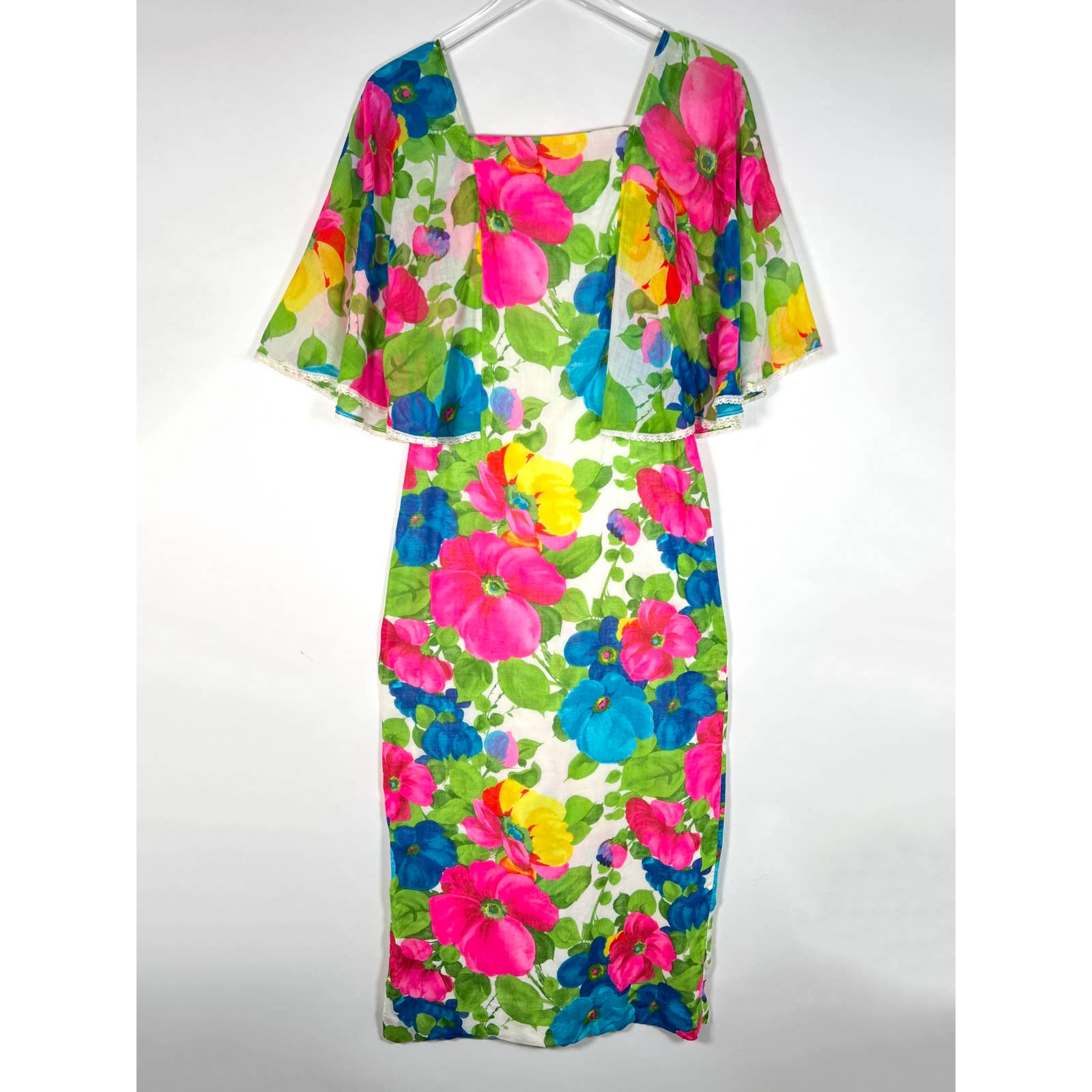 Vtg Noelani Casuals by Tsuru Womens Sheath Dress S Flare Sleeves Floral Hawaiian