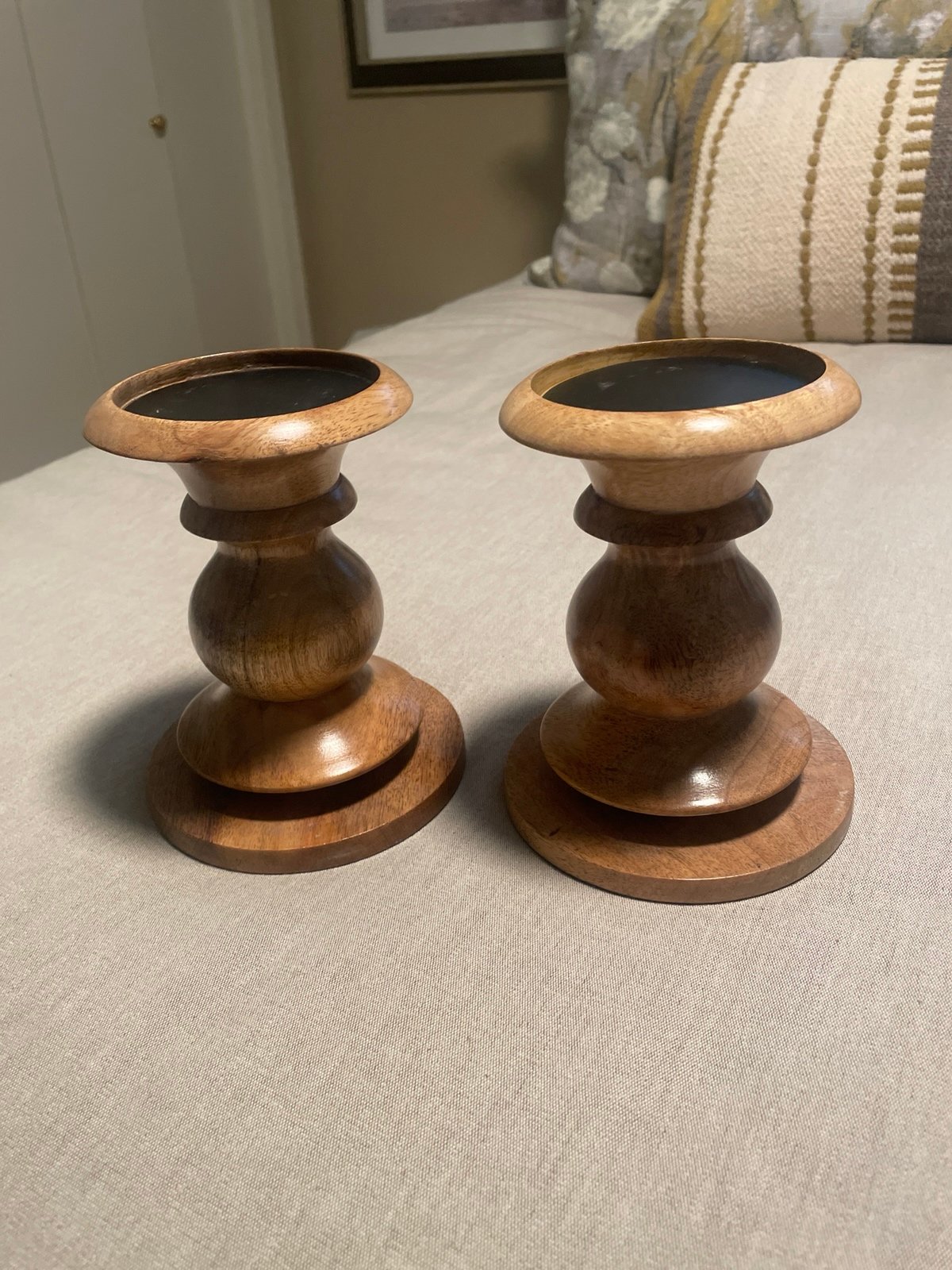 Vintage Pottery barn wooden candleholders fruit word, small candleholders