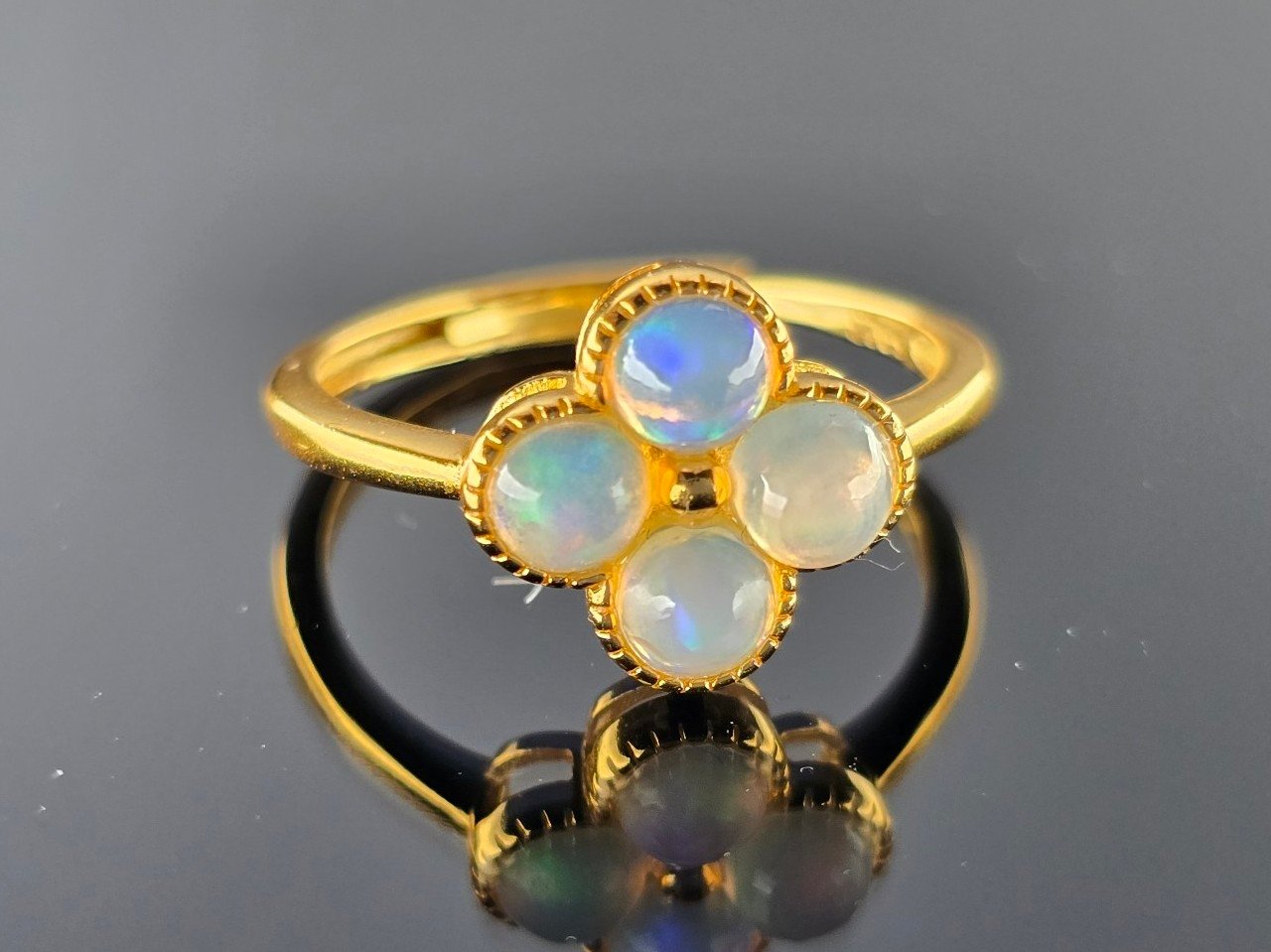 Genuine opal clover Real Yellow Gold filled sterling silver Ring