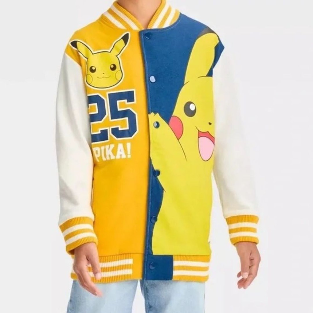 Pokemon | Kids’ Pikachu Print Hybrid Letterman Snap Button Varsity Jacket Small