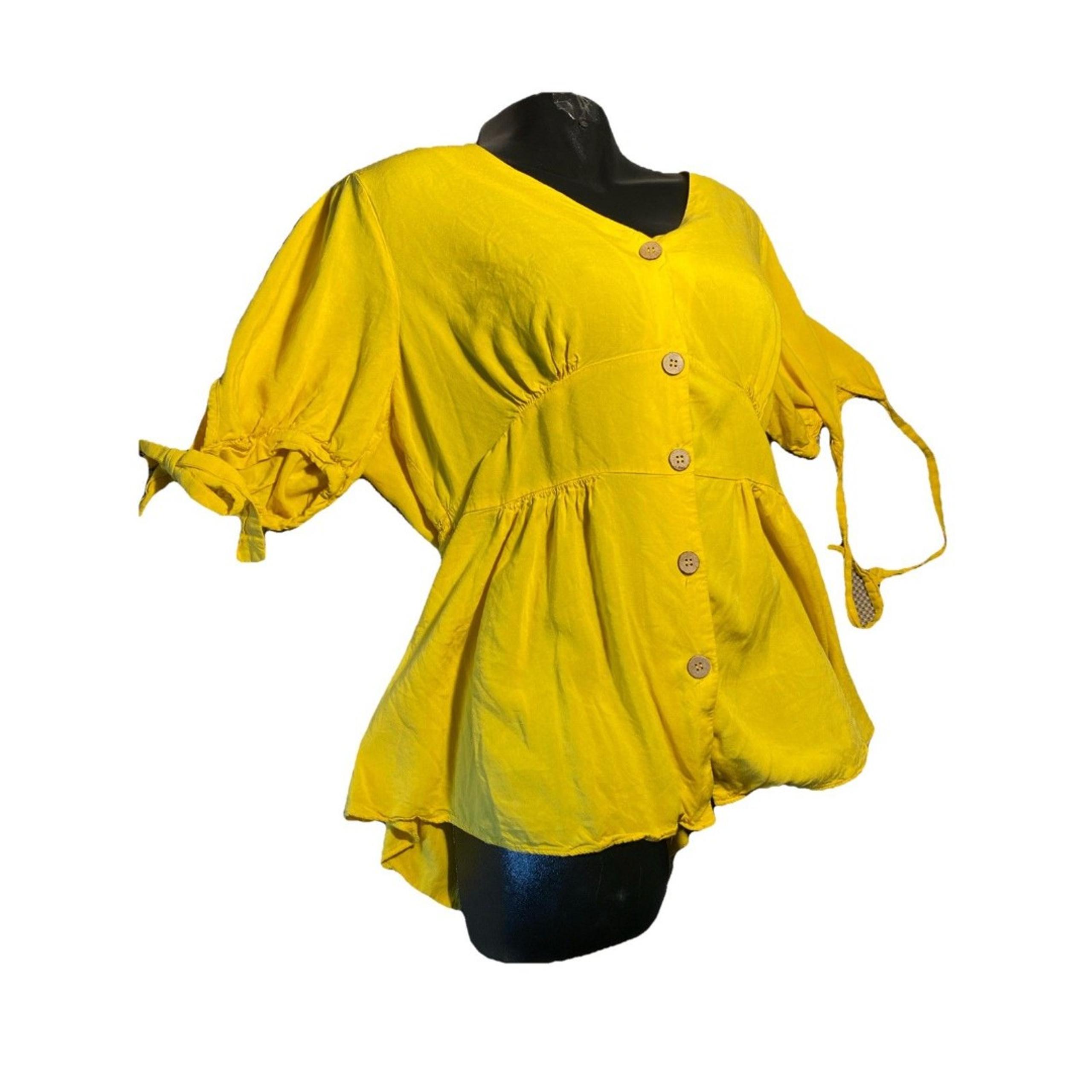 Cato Blouse Women's XL Yellow Tie Sleeve Button Down V Neck Cinch Waist