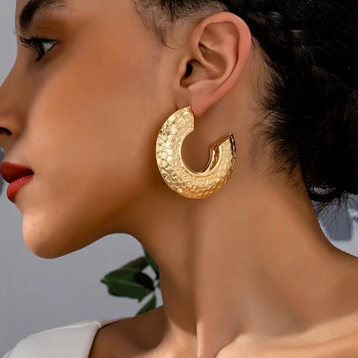 14K Gold Womens 2 Large Chunky Hammered Semi Hoop Earrings 14 K Silver Jewelry