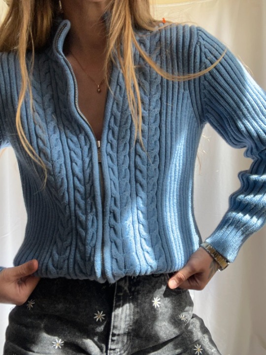 Vintage Blue cable knit zip sweater YKK Y2K