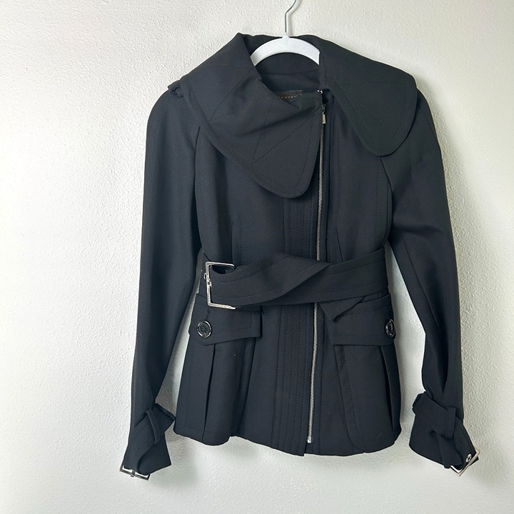 Zara Trench Coat Womens Size S Black Belted Zipper Buckle Pockets