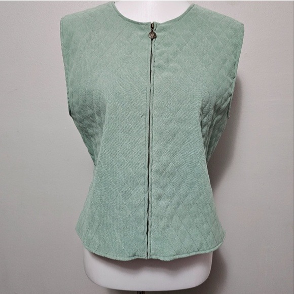 Vintage Monterey by Koret Sage Quilted Corduroy Ribbed Knit Zip Vest Size Large