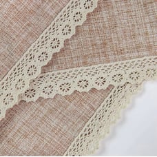 3 burlap lace trimmed tablecloths 60” x 120”