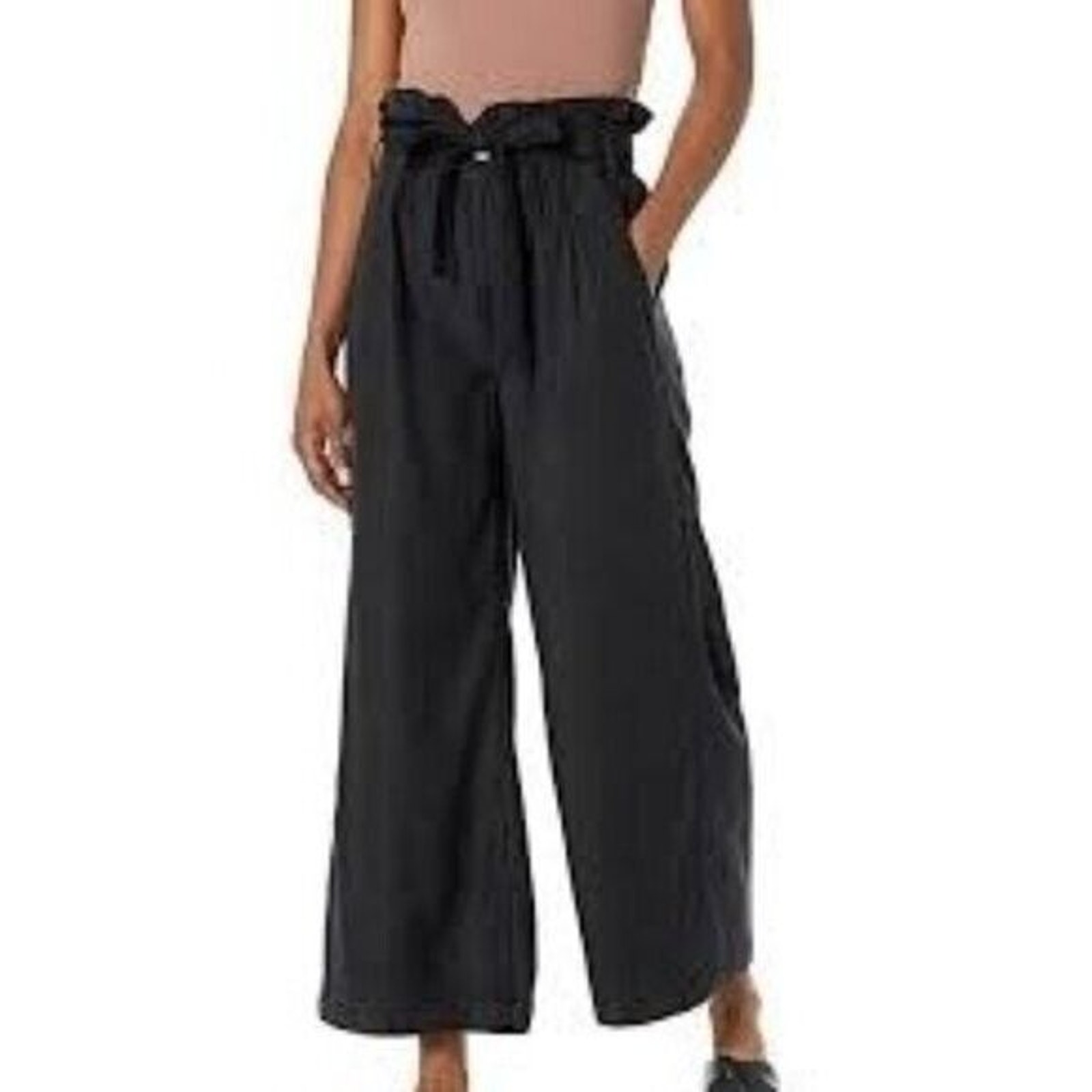 Zara PaperBag Cropped Wide Leg Tie Waist Trouser Pockets Button Zip Up L Black