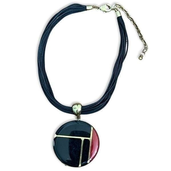 Vintage 1980s Gold, Black & Red Statement Pendent w/Black Leather Cords Necklace